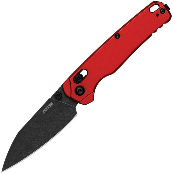 Kershaw Bel Air 6105RDBW folding knife open view showing the 3.13-inch blackwashed reverse tanto blade and red handle.