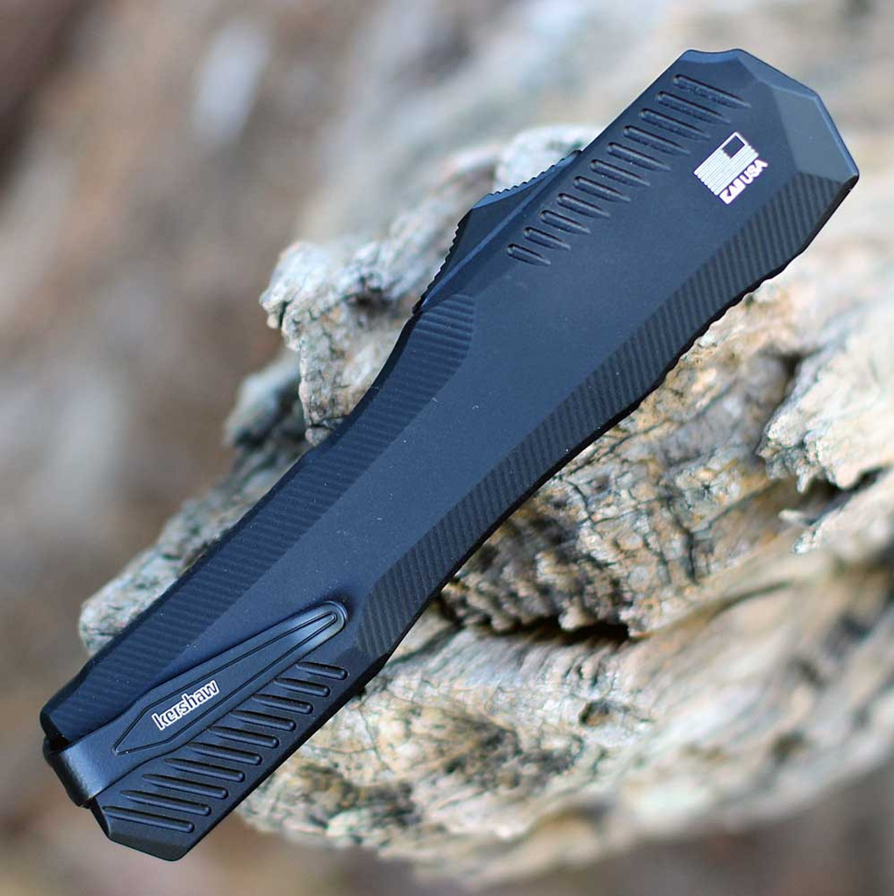 Kershaw Livewire OTF (9000DECF) 3.36" CPM-MagnaCut Black Double-Edged Spear Point Plain Blade, Black Carbon Fiber Handle w/ Black Aluminum Back Handle w/ Double-Action Thumb Slide