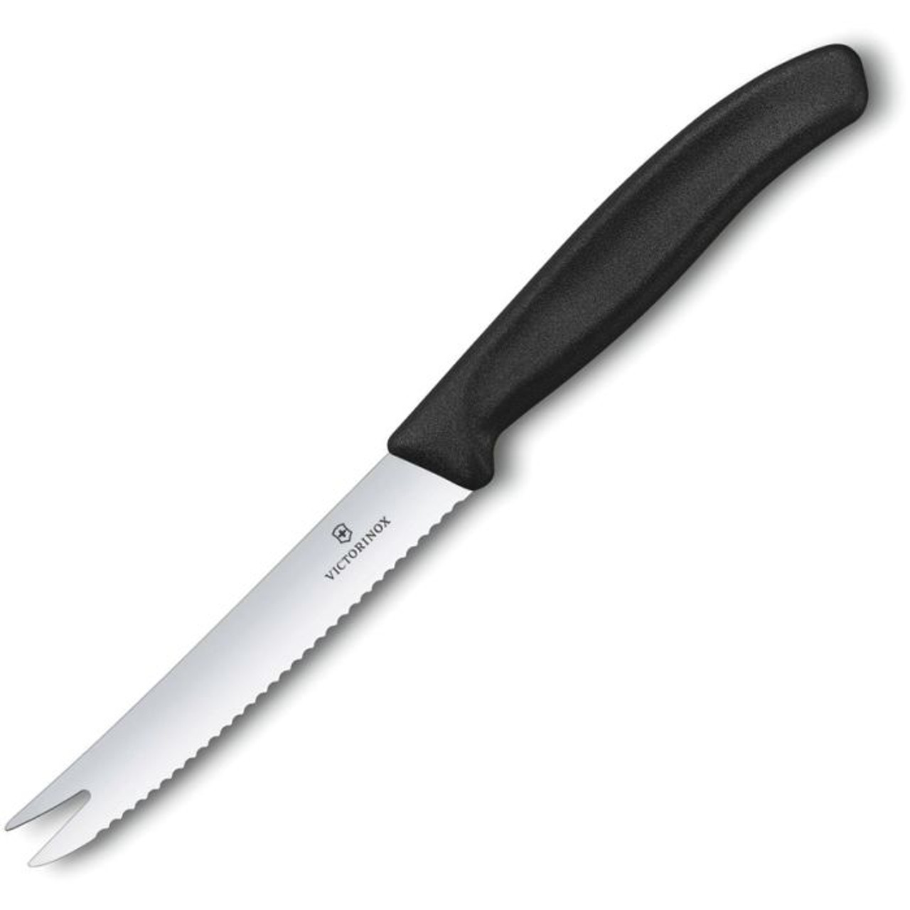 Victorinox Swiss Classic Cheese Knife (VN67863) 4.25" Stainless Steel Satin Forked Serrated Blade, Black Polypropylene Handle