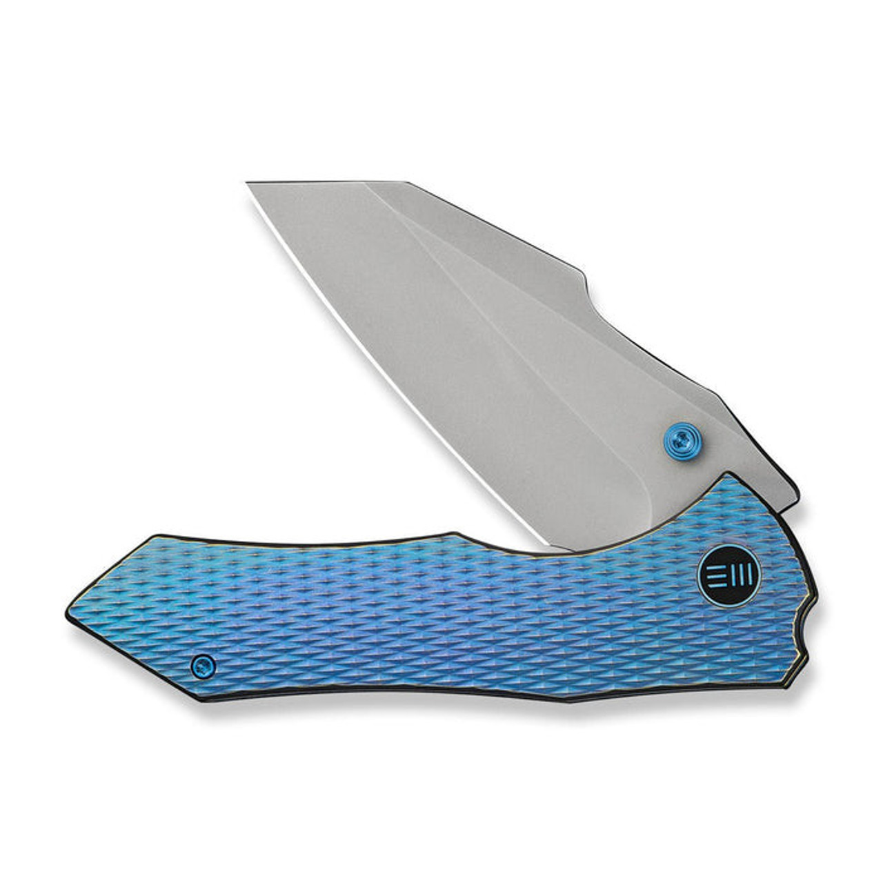 WE Knife High-Fin XL (24010-2) 3.48" CPM-20CV Stonewashed Reverse Tanto Plain Blade, Diamond Patterned Blue and Purple Titanium Handle