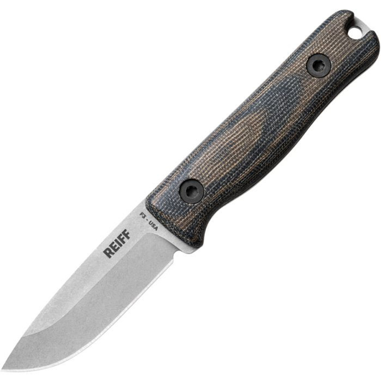 Reiff Knives F3 (REKF3MCGBCK) 2.9" CPM-MagnaCut Matte Stonewashed Drop Point Plain Blade, Green and Black Canvas Micarta Handle, Black Kydex Belt Sheath