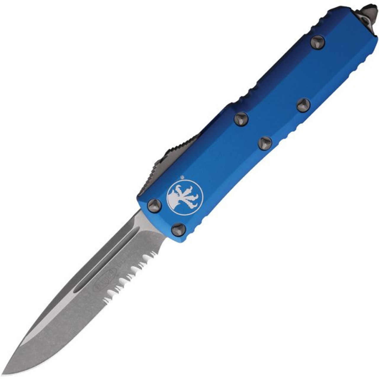 Microtech UTX-85 S/E (231-11APBL) 3.125" Premium Steel Apocalyptic Finished Drop Point Partially Serrated Blade, Blue Anodized Aluminum Handle w/ Double-Action Thumb Slide