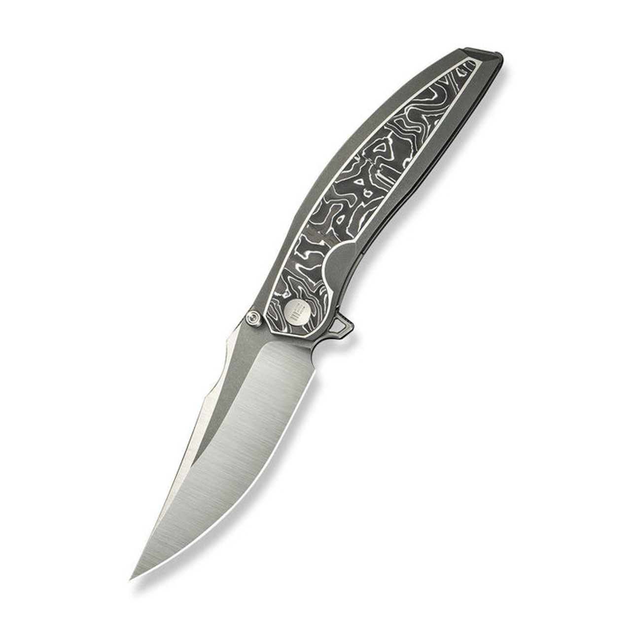 WE Knife Quinseris (WE23093-3) 3.96" Bohler M390 Hand Polished Satin w/ Stonewashed Flat Clip Point Plain Blade, Gray Titanium Handle w/ Aluminum Foil Carbon Fiber Inlay