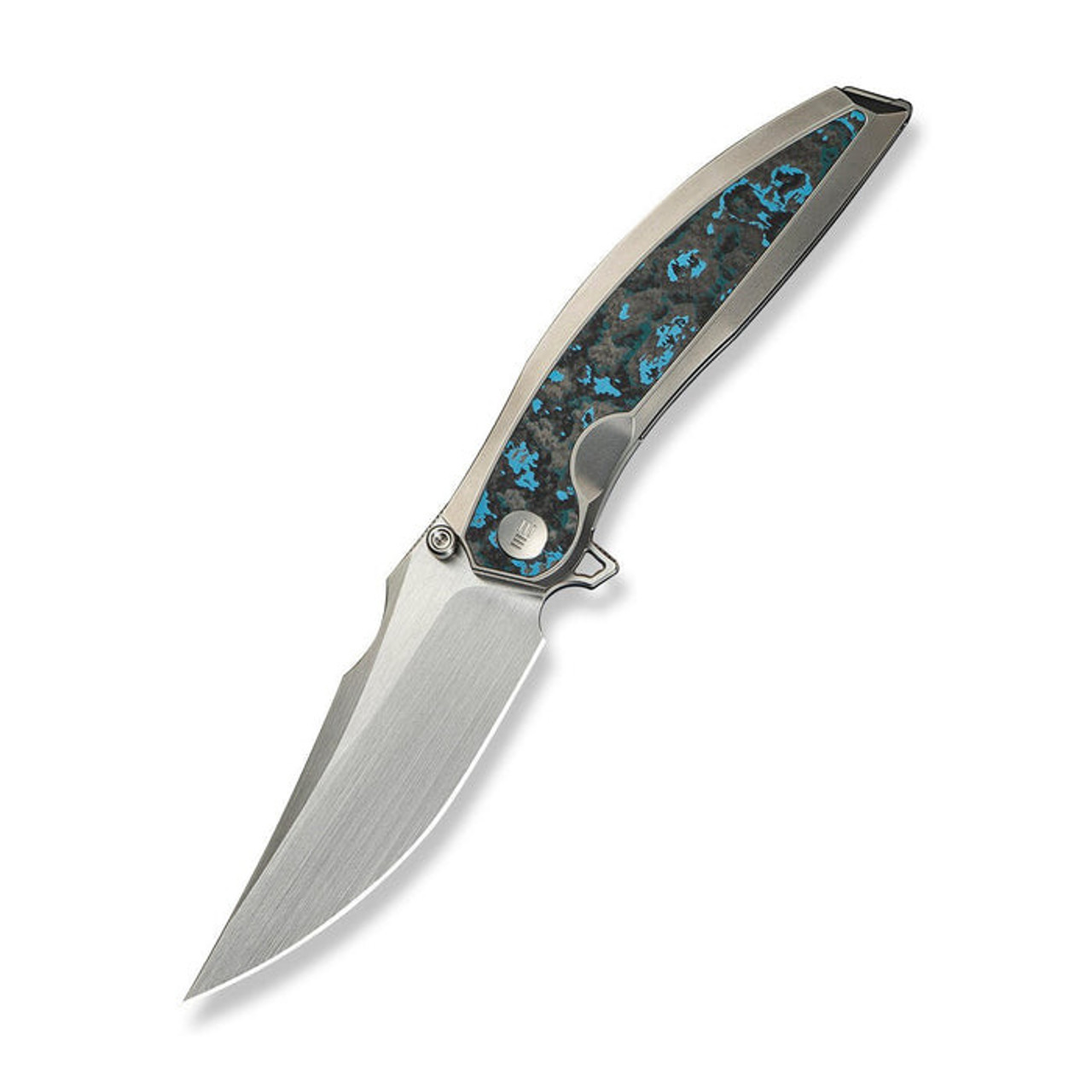 WE Knife Quinseris (WE23093-4) 3.96" Bohler M390 Hand Rubbed Satin Clip Point Plain Blade, Polished Bead Blasted Titanium Handle w/ Artic Storm Fat Carbon Fiber Inlay