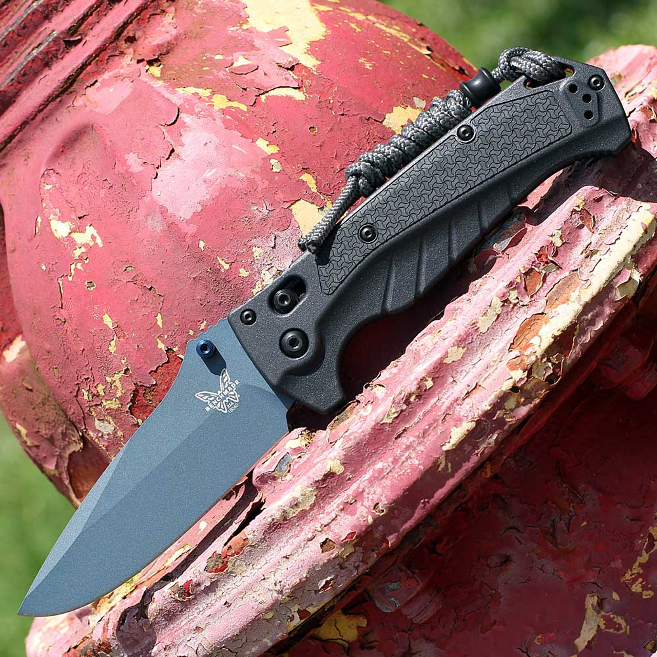 Benchmade Adira (BM18060BT-01) 3.88" CPM-MagnaCut Cerakote Blue Titanium Drop Point Plain Blade, Tempest Gray Grivory Handle