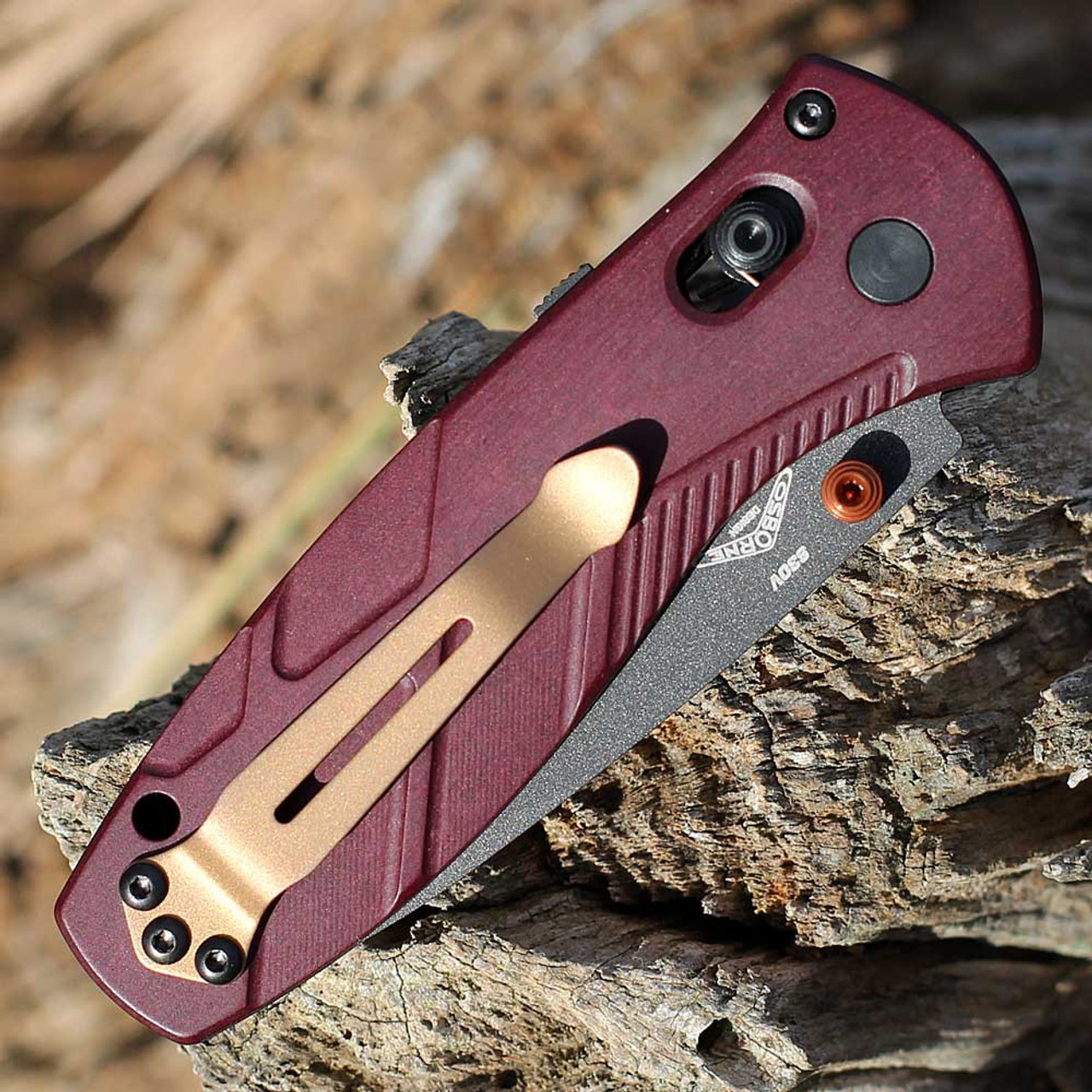 Benchmade Mini Barrage (585BK-04) 3.45" CPM-S30V Cobalt Cerakote Drop Point Plain Blade, Redstone Richlite Handle