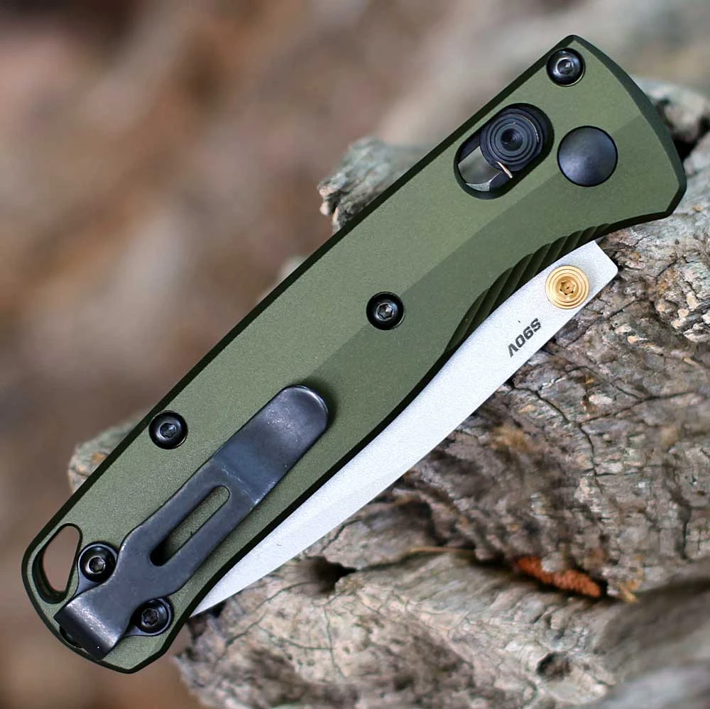 Benchmade Mini Bugout 533SL-10 with 2.82" CPM-S90V plain drop point blade and Woodland Green aluminum handle, open view