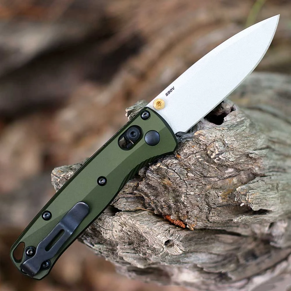 Benchmade Mini Bugout 533SL-10 with 2.82" CPM-S90V plain drop point blade and Woodland Green aluminum handle, open view