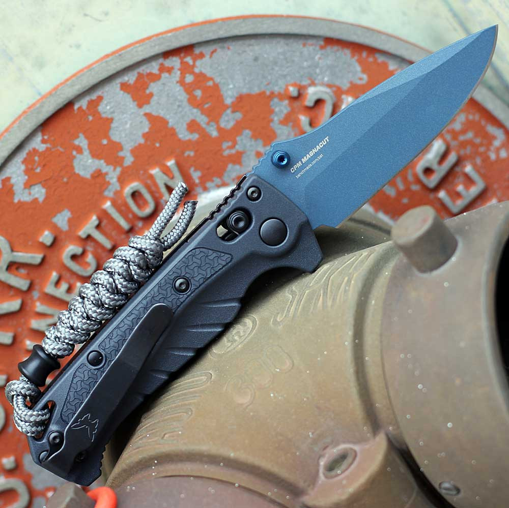 Benchmade Mini Adira (18065BT-01) 3.88" CPM-MagnaCut Blue Titanium Cerakote Drop Point Plain Blade, Tempest Gray Grivory Handle