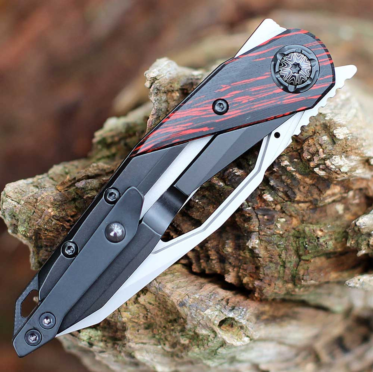 CRKT Nucleus (5702) 3.19" Sandvik 12C27 Bead Blasted Reverse Tanto Plain Blade, Black Stainless Steel Handle w/ Black and Red G-10 Onlay