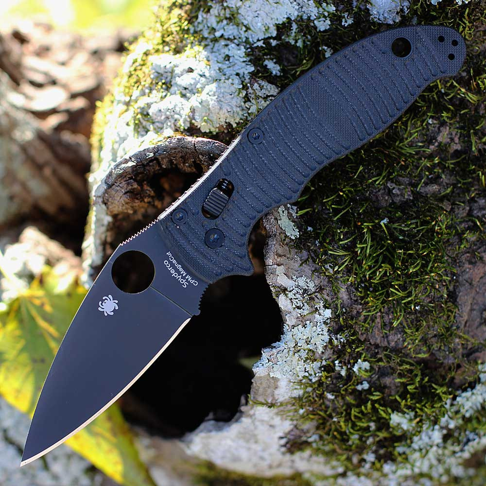 Spyderco Manix 2 Salt C101GMCBKP2 black textured G-10 handle open view showing black DLC CPM MagnaCut plain blade