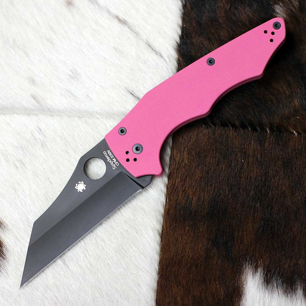 Spyderco YoJumbo C253GPNBKP Pink G-10 handle open view showing black DLC CPM S30V Wharncliffe blade and compression lock