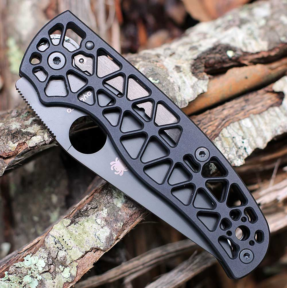 Spyderco Edgerati C266BKALBKP skeletonized black aluminum handle — Compression Lock exposed, black hardware, automotive-inspired design