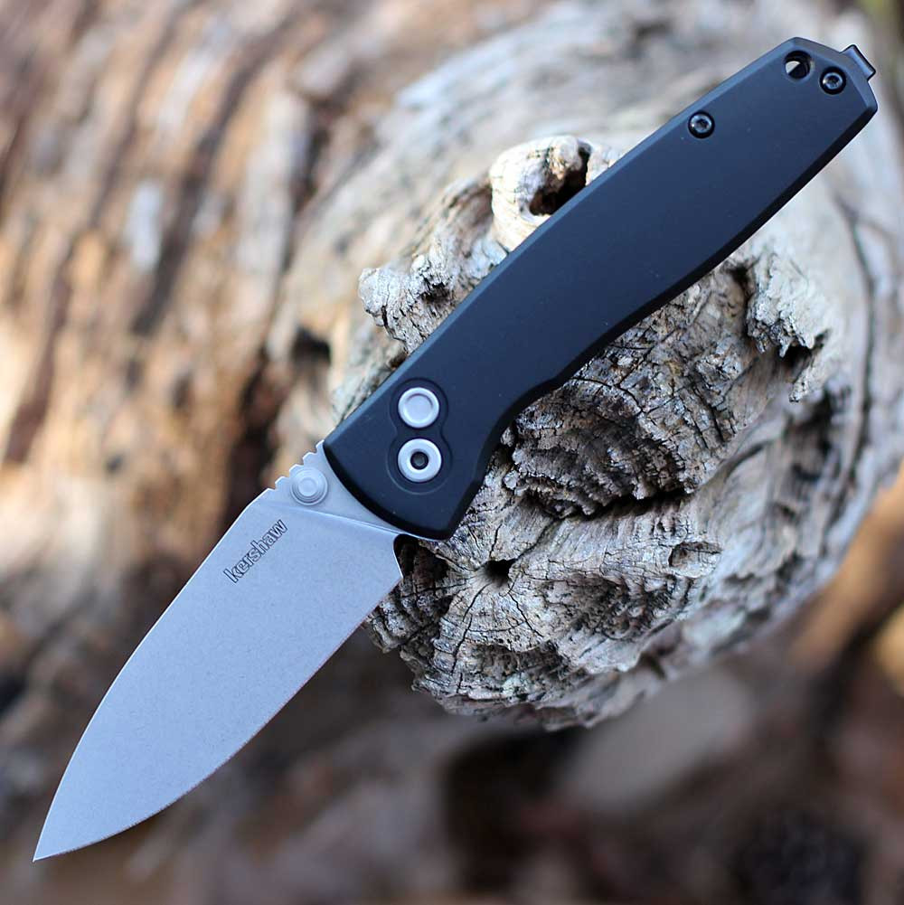 Kershaw Kindred 2053 folding knife open view showing the 3.0-inch stonewashed spear point blade and black handle.