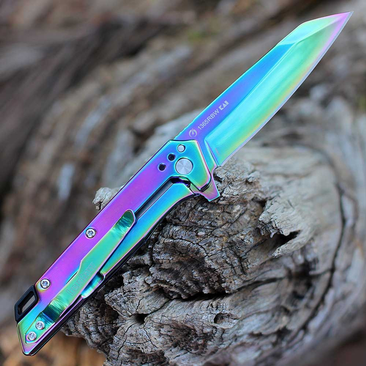 Kershaw Misdirect Flipper Knife (1365RBW) 3.0" 4Cr14 Rainbow PVD Coted Reverse Tanto Plain Blade, Rainbow Stainless Steel Handle