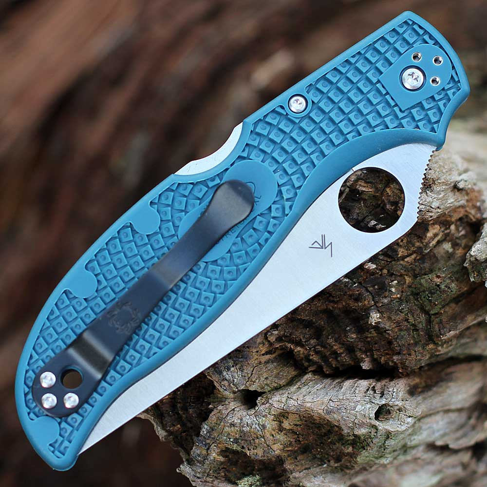 Spyderco Stretch 2 XL C258FPK390 blue FRN handle open view showing K390 satin plain blade and back lock