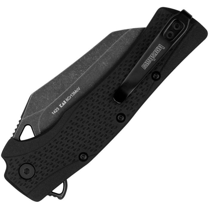 Close-up of the textured black GFN handle highlighting the flipper tab and liner lock mechanism.