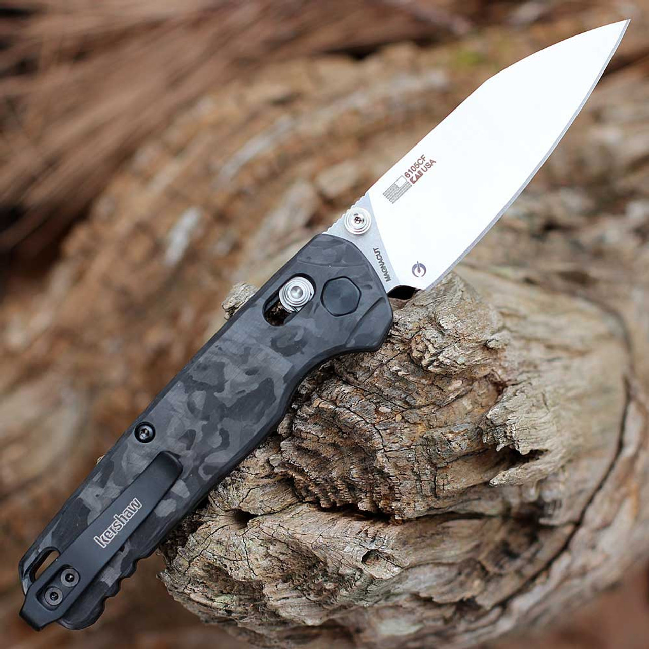 Kershaw Bel Air (KS6105CF) 3.1" CPM-MagnaCut Satin Reverse Tanto Plain Blade, Black Marbled Carbon Fiber Handle
