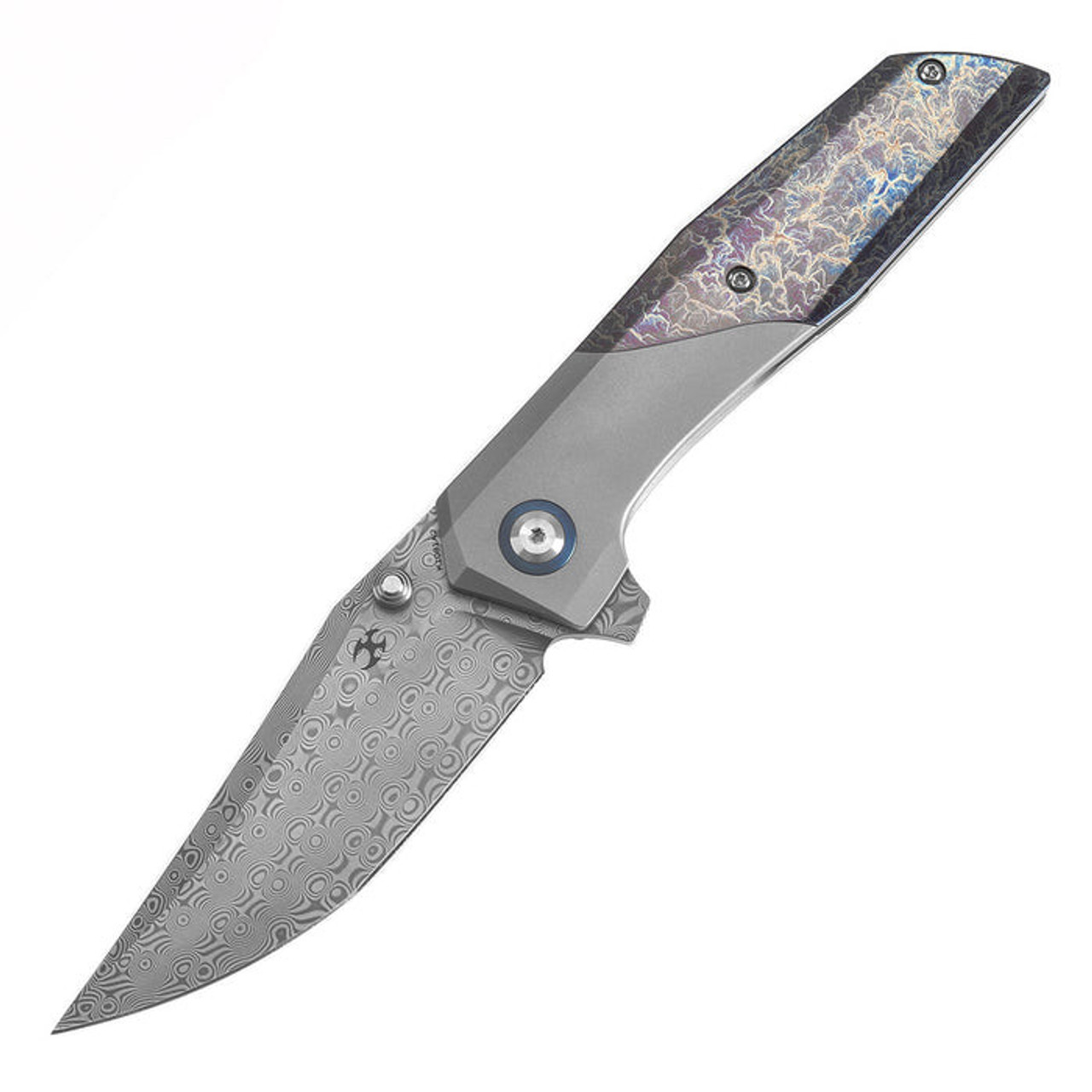 Kansept Deadite (K1081A2) 3.52" Damascus Clip Point Plain Blade, Bead Blasted Titanium with Lightning Strike Titanium Handle