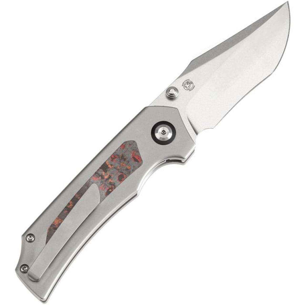 Kansept Fermi (K1122A3) 3.11" CPM-20CV Stonewashed Recurved Clip Point Plain Blade, Gray Titanium Handle w/ Mars Valley Fat Carbon Fiber Inlay