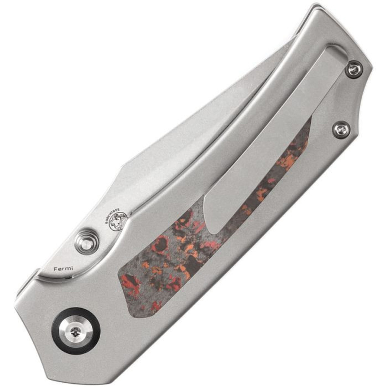 Kansept Fermi (K1122A3) 3.11" CPM-20CV Stonewashed Recurved Clip Point Plain Blade, Gray Titanium Handle w/ Mars Valley Fat Carbon Fiber Inlay