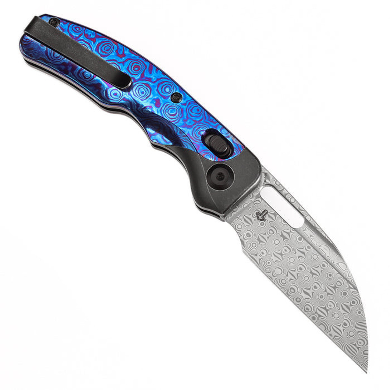 Kansept Vivid (K1094V5) 3.04" Damascus Wharncliffe Plain Blade, Blackwashed Titanium w/ Timascus Handle