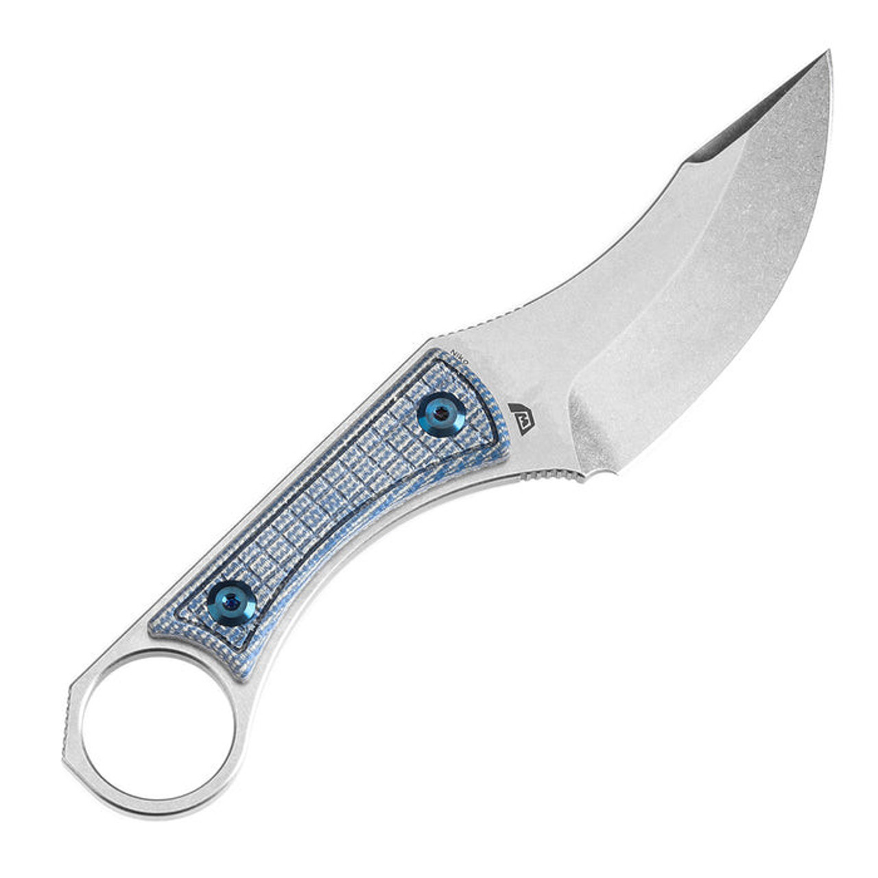Kansept Niko (G004A7) 3.54" D2 Stonewashed Clip Point Plain Blade, Blue Micarta Handle w/ Frag Pattern, Black Kydex Sheath