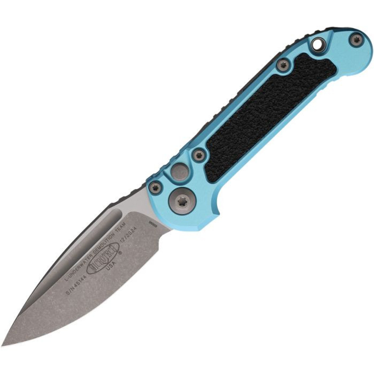 Microtech LUDT GEN III (MCT113510APTQ) 3.5" Premium Steel Apocalyptic Finished Drop Point Plain Blade, Turquoise Handle w/ Black Traction Insert