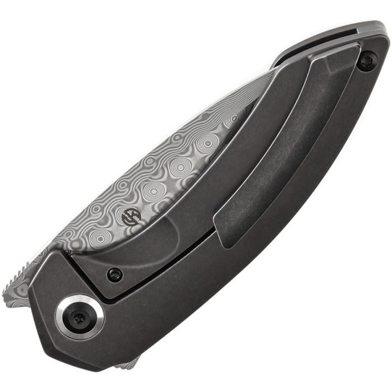 Kansept ODD 21 (K1077A3) 3.25" Damascus Drop Point Plain Blade, Blackwashed Titanium Handle w/ Bronze Anodized Holes