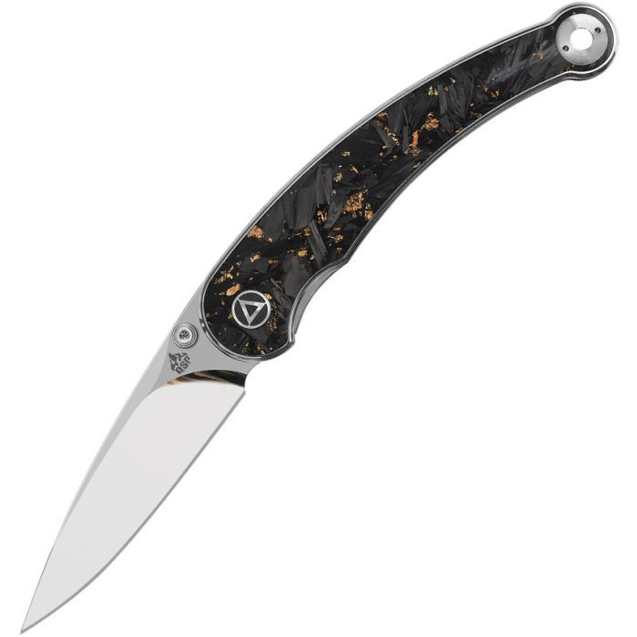 QSP Dolphin (QS161A) 3.15" Sandvik 14C28N Mirror Polished Clip Point Plain Blade, Black and Gold Shredded Carbon Fiber Handle