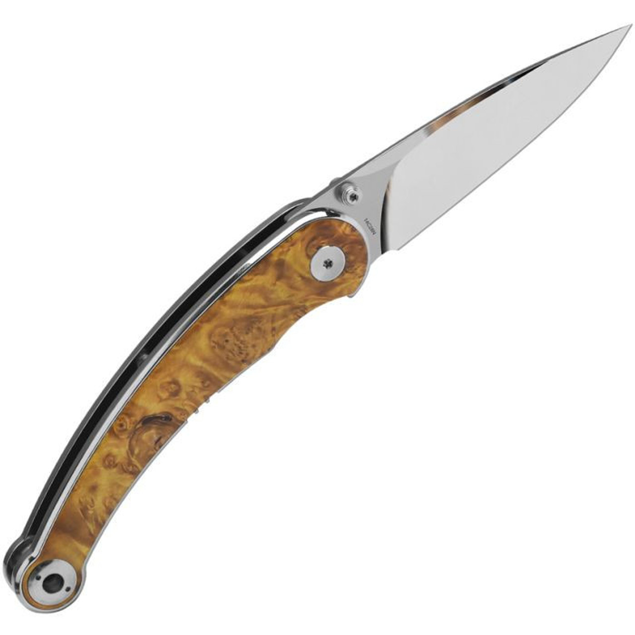 QSP Dolpin (QS161-B) 3.15" 14C28N Mirror Polished Clip Point Plain Blade, Brown Stabilized Wood Handle