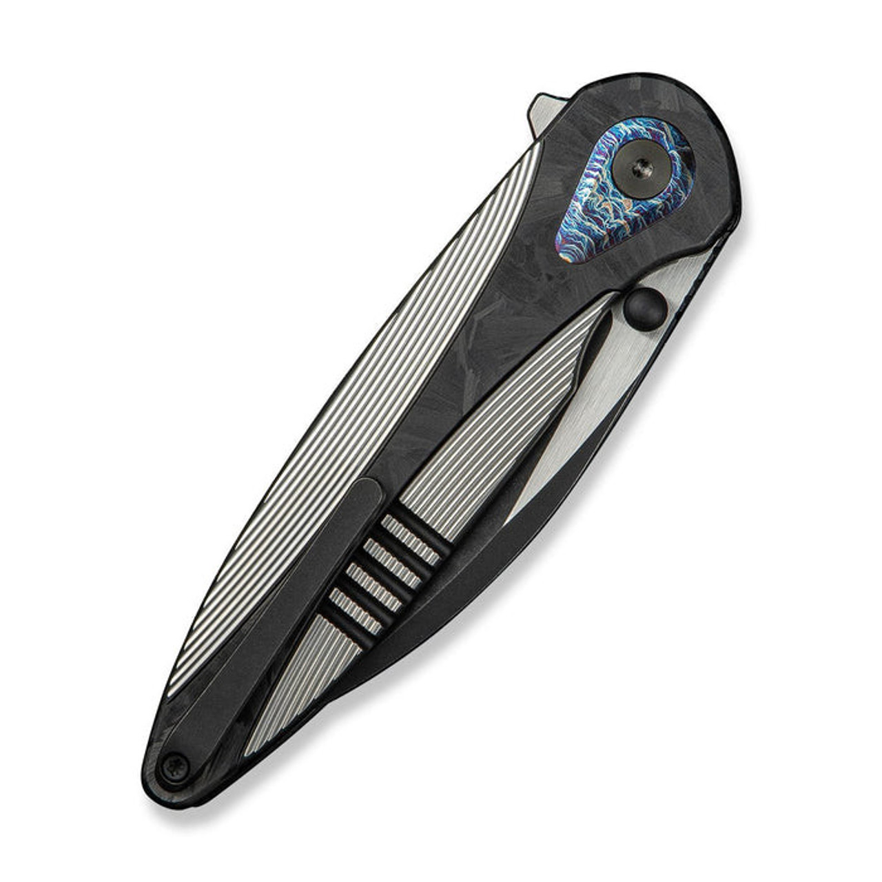 WE Knife Zenthra (WE24021C-1) 3.3" Bohler M390 Blackwashed w/ Satin Flat Wharncliffe Plain Blade, Satin Titanium Handle w/ Black Shredded Carbon Fiber Inlay