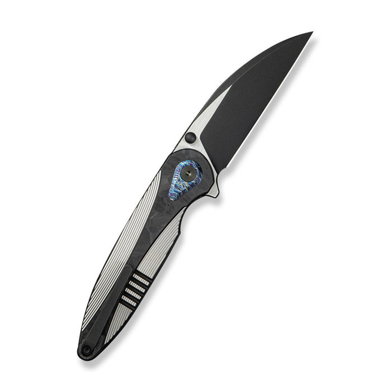 WE Knife Zenthra (WE24021C-1) 3.3" Bohler M390 Blackwashed w/ Satin Flat Wharncliffe Plain Blade, Satin Titanium Handle w/ Black Shredded Carbon Fiber Inlay
