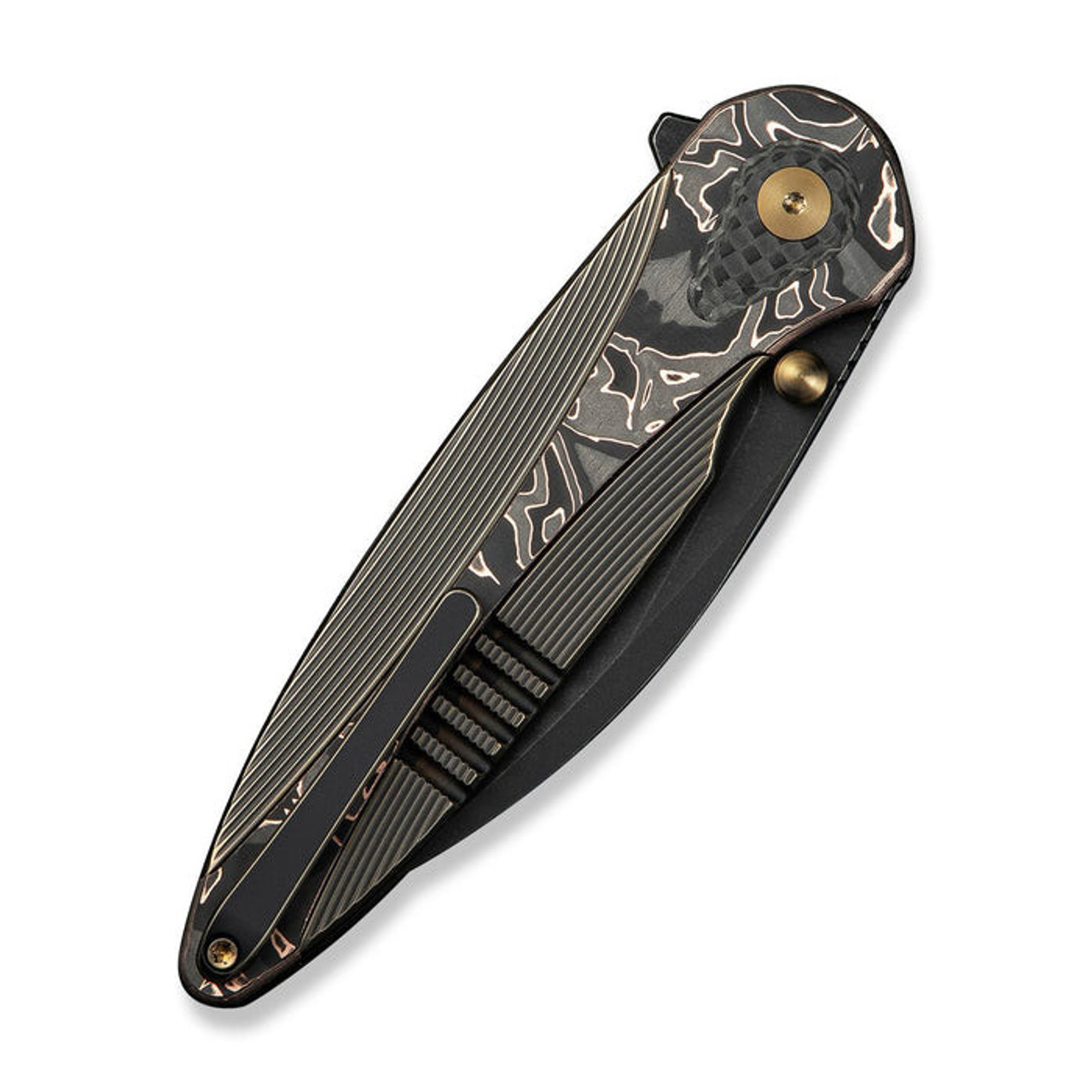 WE Knife Zenthra (WE24021C-3) 3.3" Bohler M390 Blackwashed Wharncliffe Plain Blade, Bronze and Black Titanium Handle w/ Copper Foil Carbon Fiber Inlay