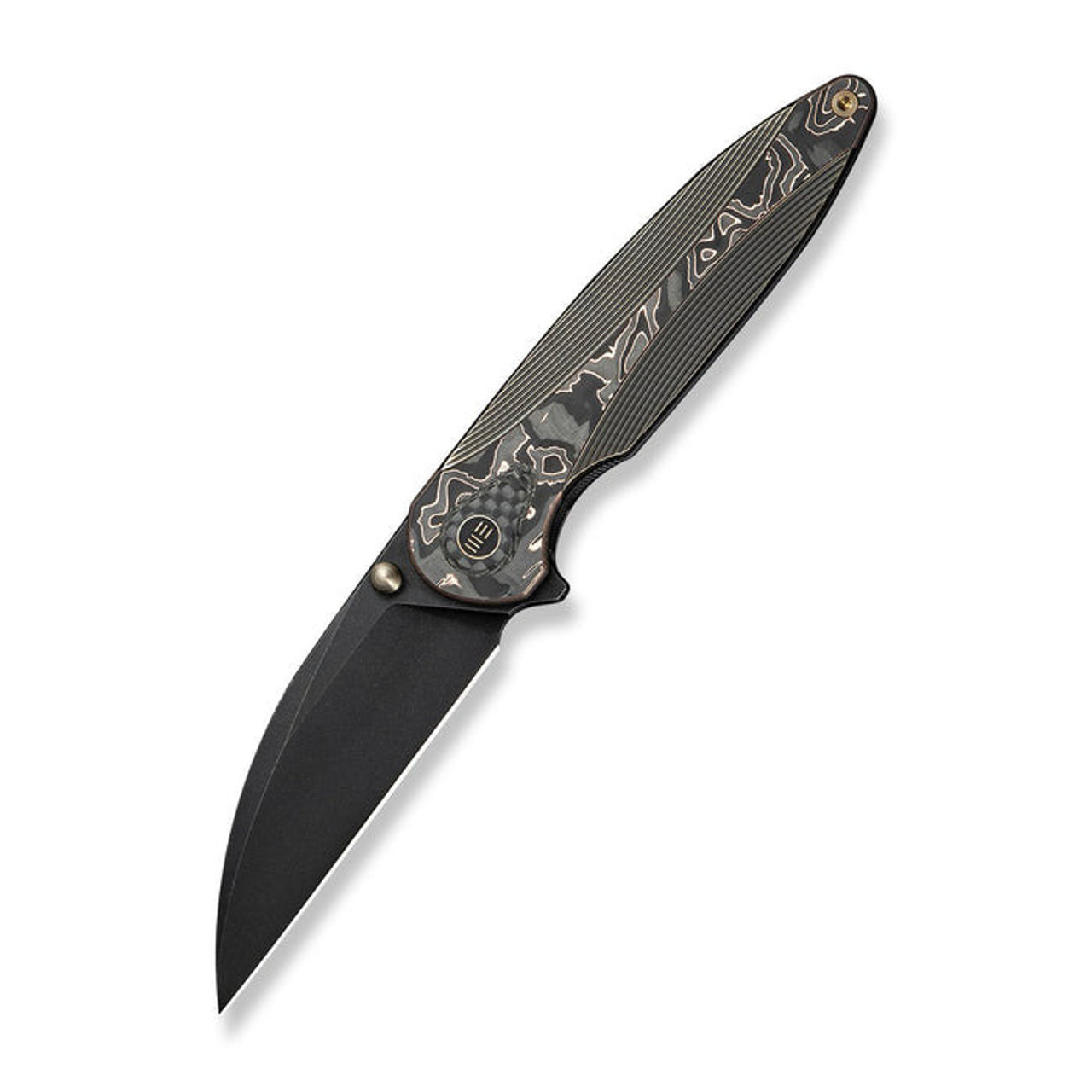 WE Knife Zenthra (WE24021C-3) 3.3" Bohler M390 Blackwashed Wharncliffe Plain Blade, Bronze and Black Titanium Handle w/ Copper Foil Carbon Fiber Inlay