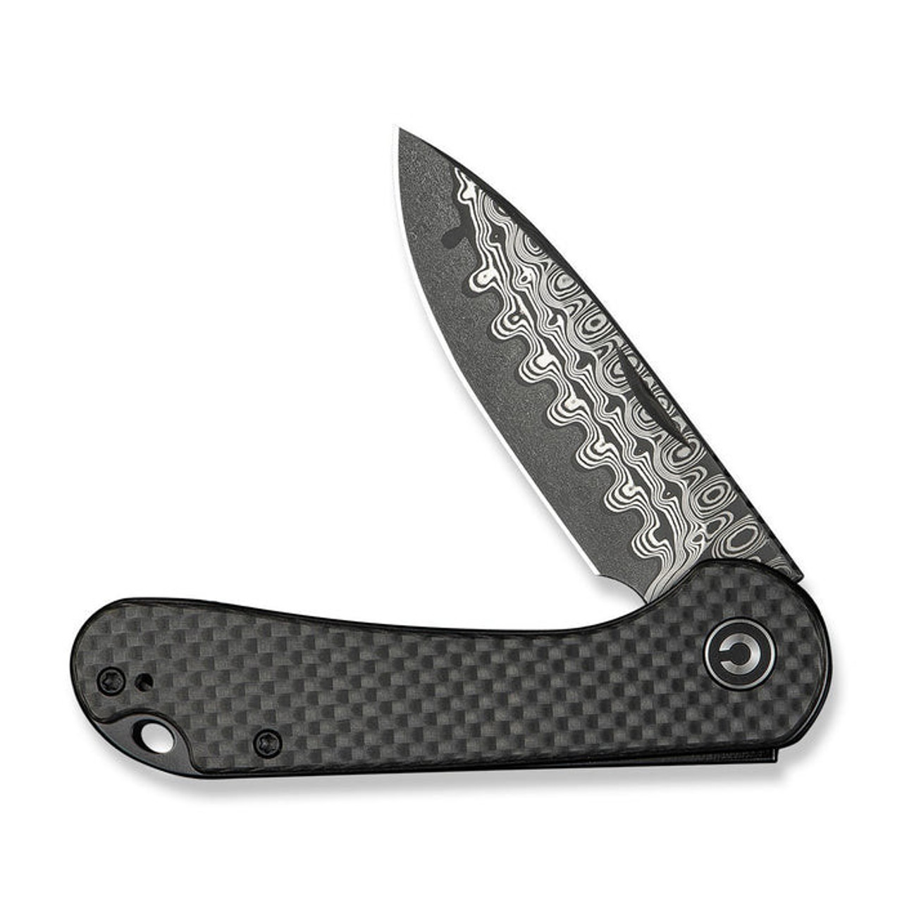 CIVIVI Elementum Slip Joint (C18062AJ-DS1) 2.96" Damascus Drop Point Plain Blade, Black Twill Carbon Fiber Handle