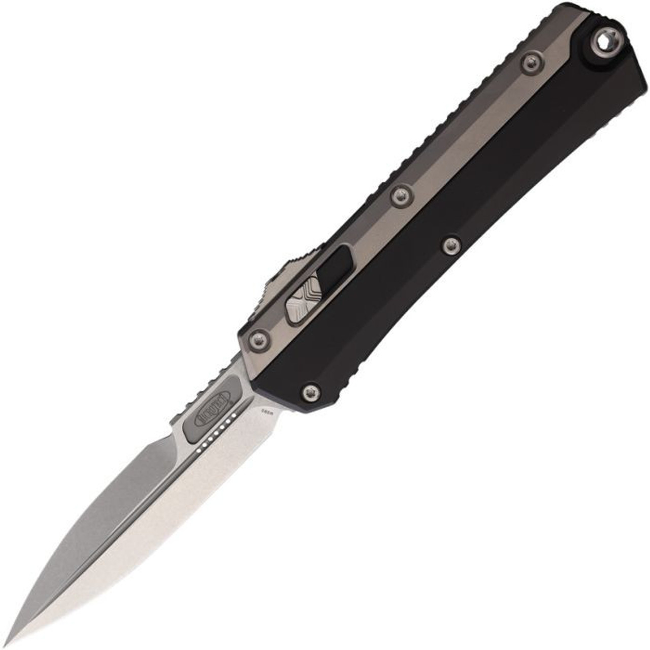 Microtech Glykon (184-10) 3.75" Premium Steel Stonewashed Bayonet Plain Blade, Black Aluminum Handle with Bead Blasted Titanium Overlays