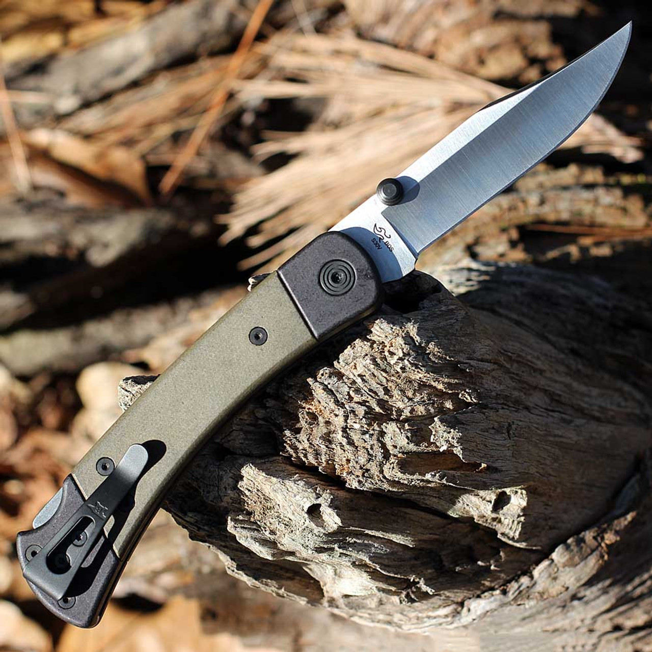 Buck Knives 110 Hunter Sport (110GRS5) 3.75" Satin Clip Point Plain Blade, Olive Drab Green Micarta Handle with Black AluminumBolsters
