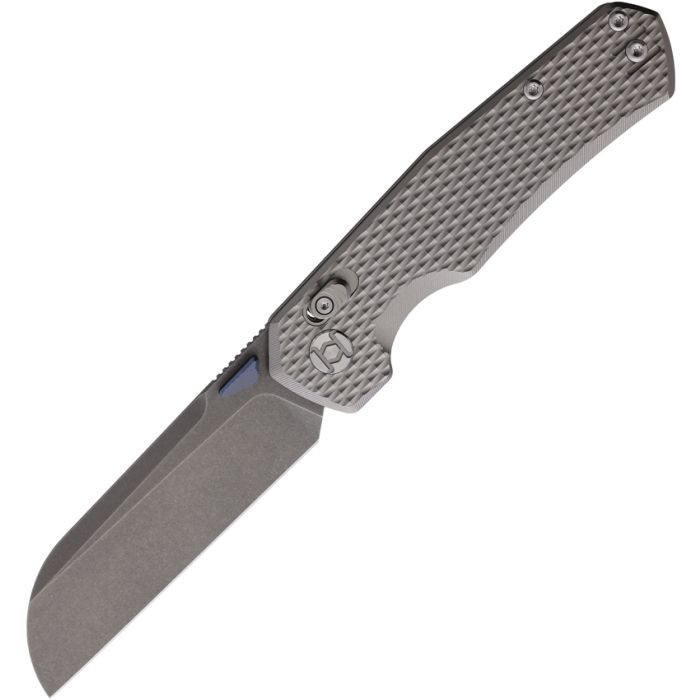 Kunwu Knives Chad XT (SX703T-1) 3.77" PM60 Stonewashed Sheepsfoot Plain Blade, Gray Diamond Textured Titanium Handle