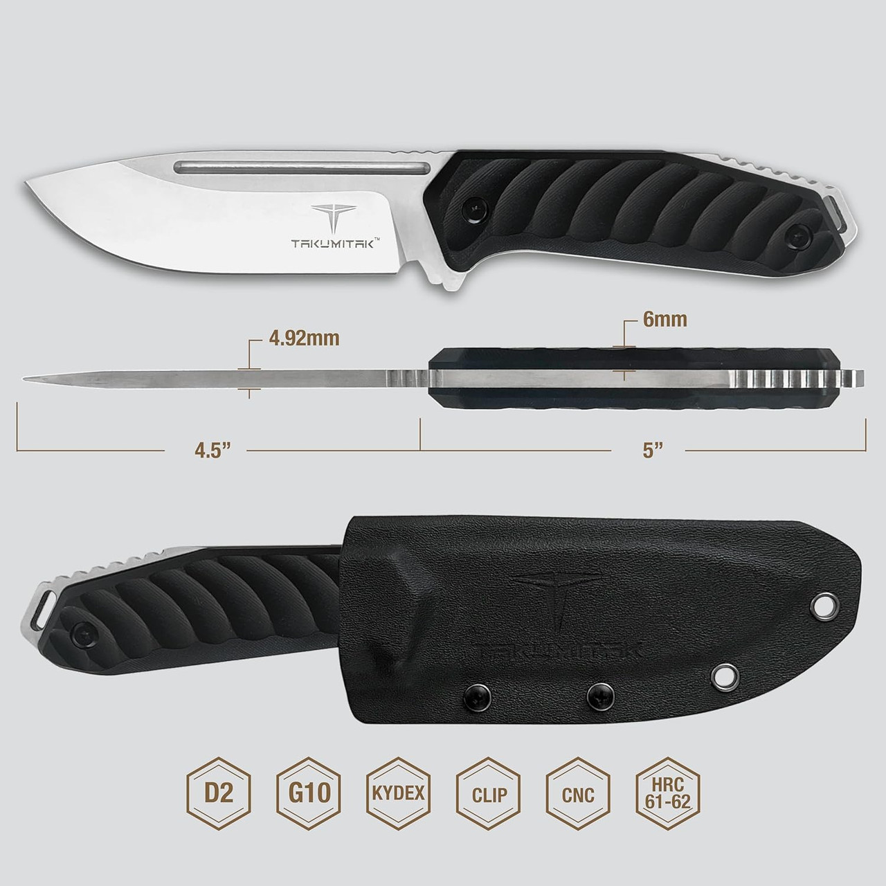 Takumitak Knives Takumi (TKF208SL) 4.5" D2 Polished Drop Point Plain Blade, Black G-10 Handle, Black Kydex Sheath