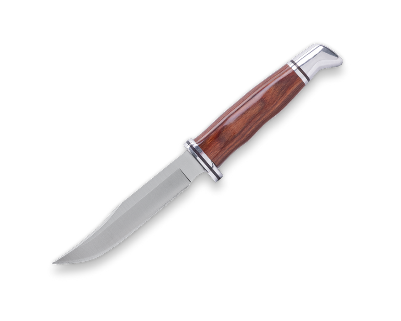 Buck Woodsman Heritage Series (102CCS1) 4" 420HC Satin Clip Point Plain Blade, Cocobolo Wood Handle w/ Aluminum Guard and Pommel, Genuine Leather Sheath