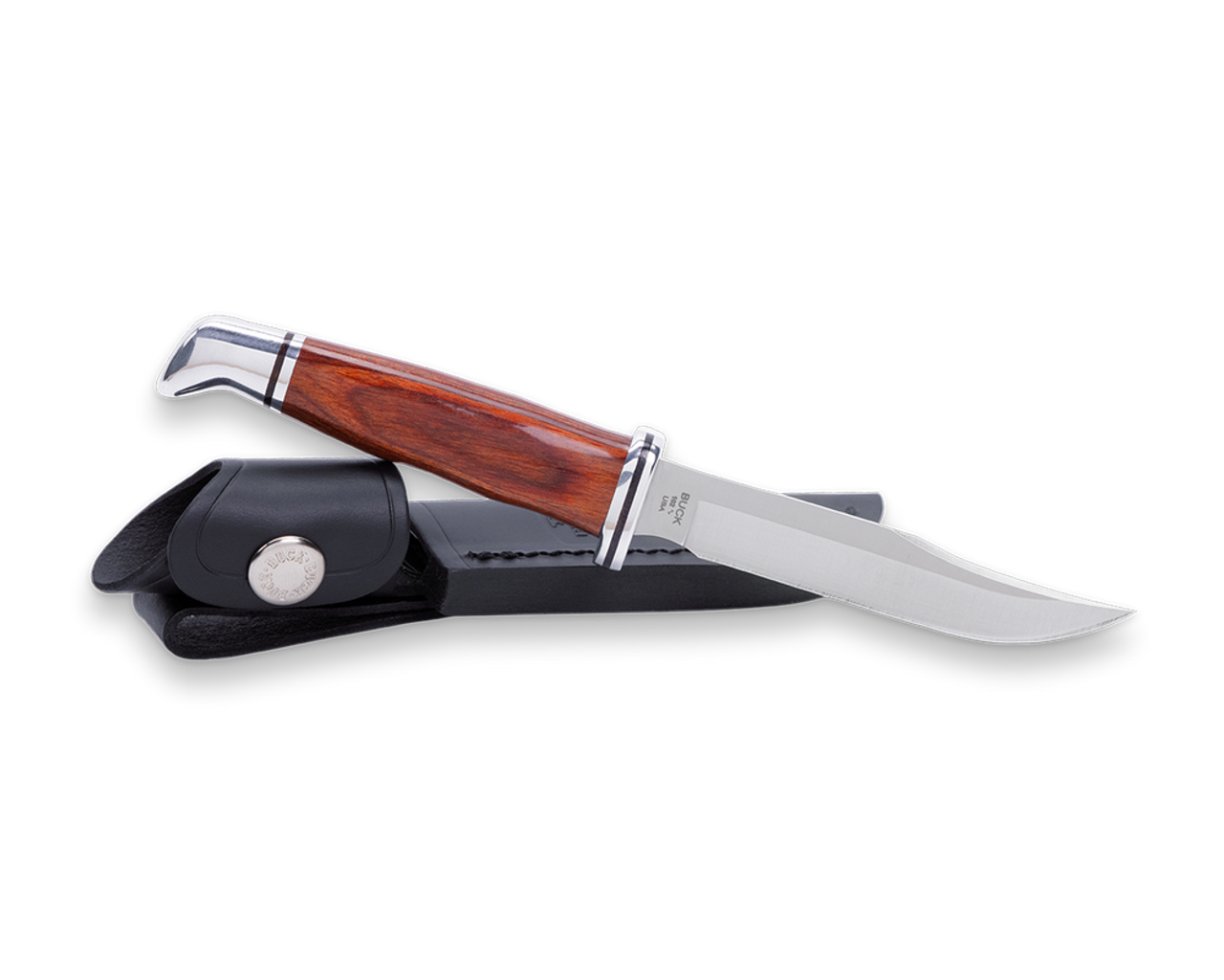 Buck Woodsman Heritage Series (102CCS1) 4" 420HC Satin Clip Point Plain Blade, Cocobolo Wood Handle w/ Aluminum Guard and Pommel, Genuine Leather Sheath