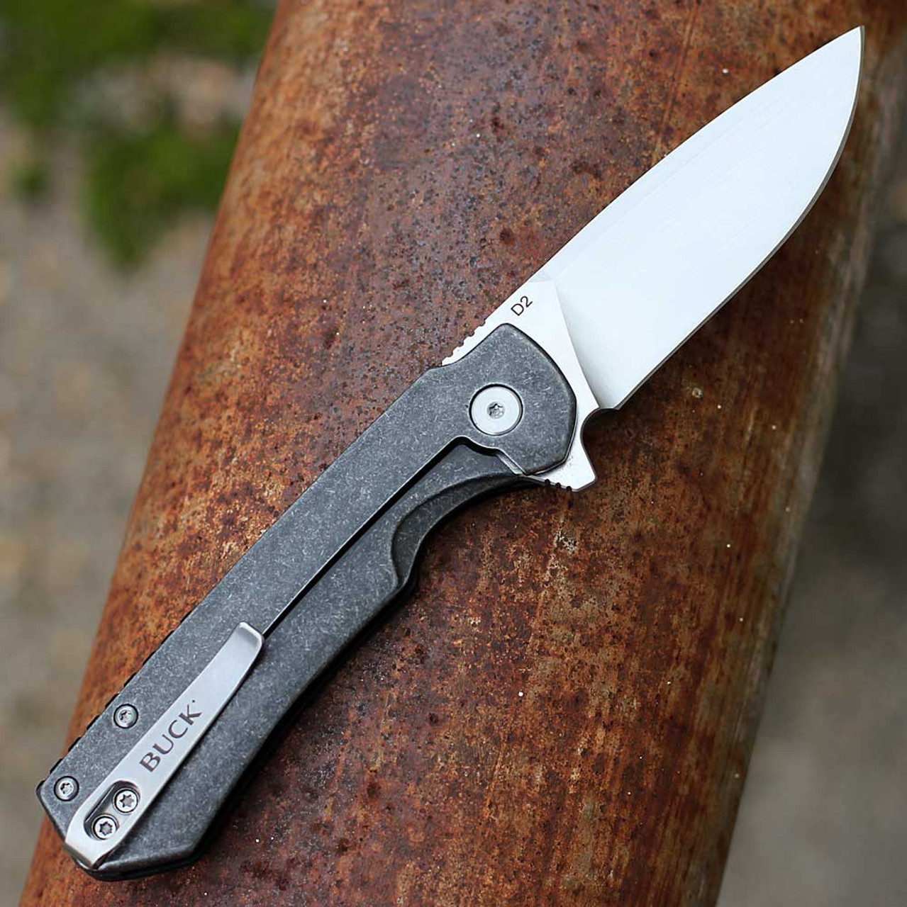 Buck Knives Stinger (714BKS) 3" D2 Satin Drop Point Plain Blade, Black Aluminum Handle w/ Black Carbon Fiber Inlay