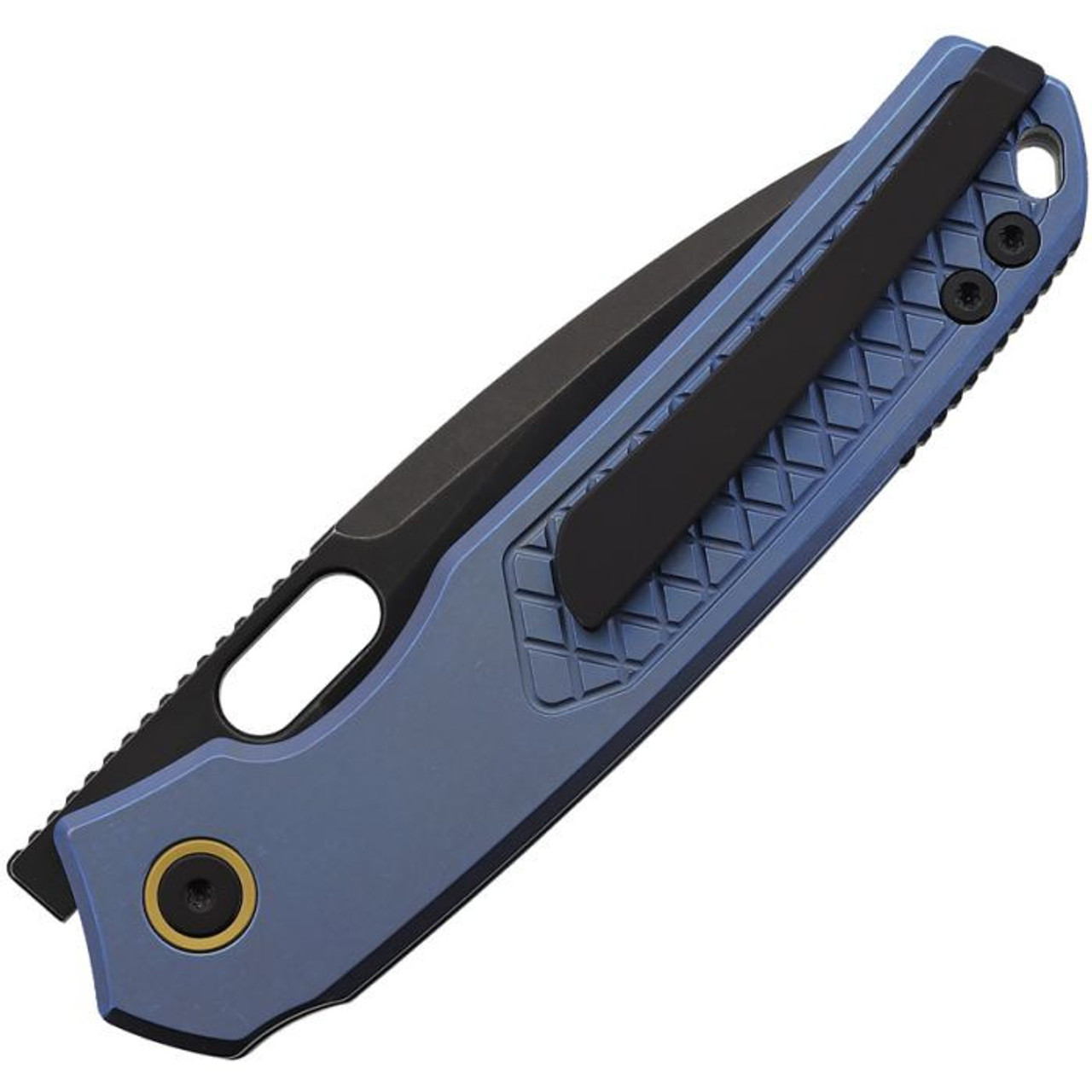 Vosteed Psyop (A2205) 3.32" Elmax Blackwashed Drop Point Plain Blade, Blue Titanium Handle