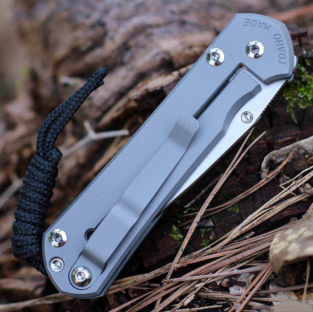 Chris Reeve Sebenza 31 S31-1690 Forever Flag CGG close-up —
                  Stars and Stripes design on glass blasted 6AL4V titanium