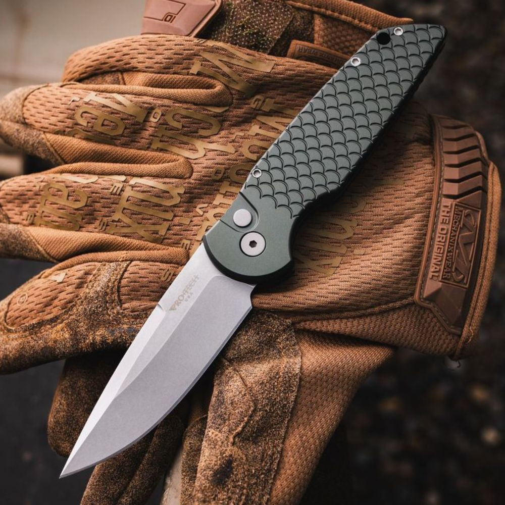 Pro-Tech TR-3 X1 blade open, 3.5 inch stonewash 154CM drop point, false swedge and reinforced tip, front open view