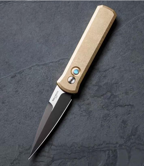 Pro-Tech Godson Automatic Knife (7111) - 3.15" 154CM 2 Tone Spear Point Blade, Stonewashed Bronze Aluminum Handle with Mother of Pearl Button, Black Clip, front view