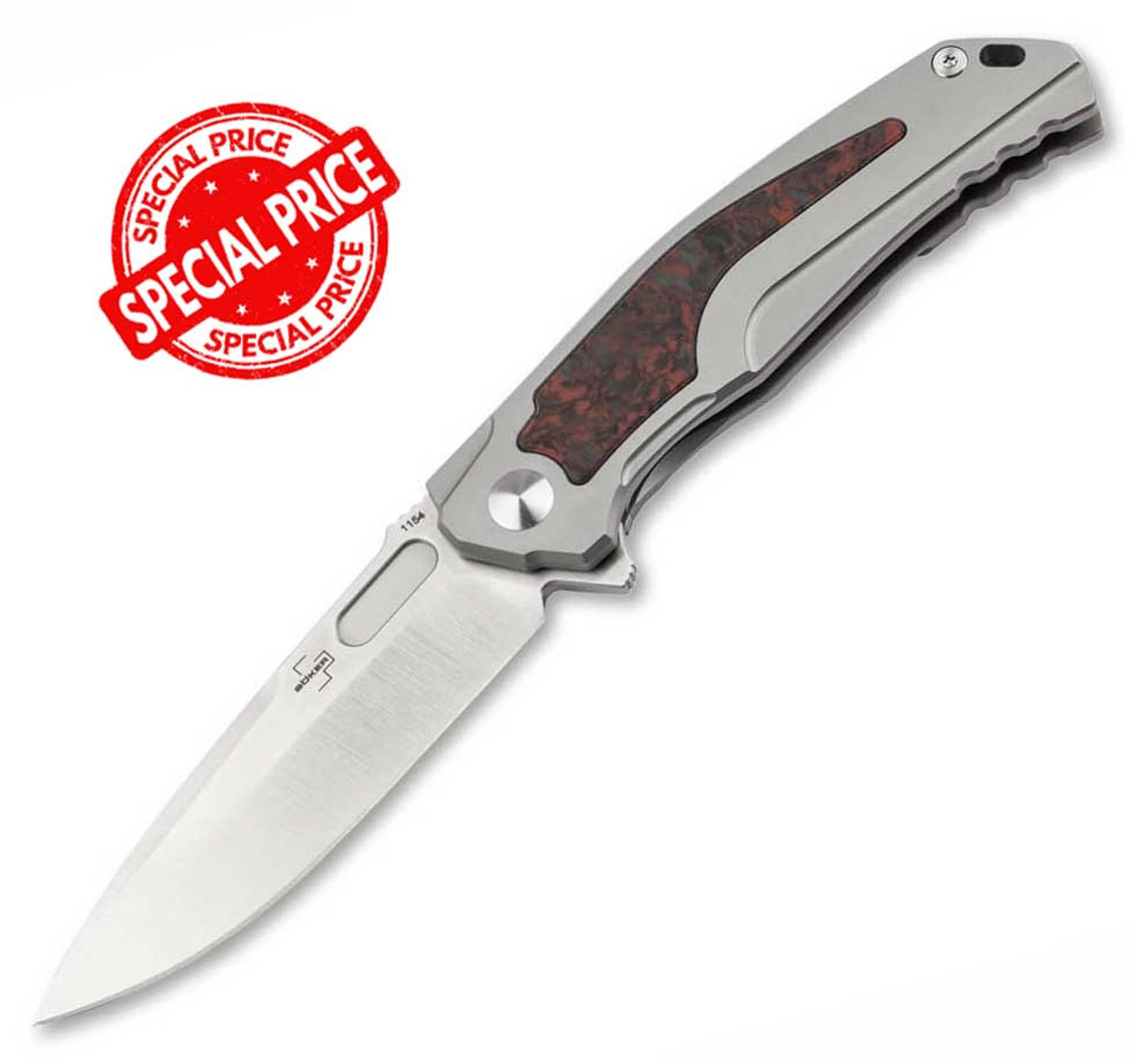 Boker Plus Aphex Mini Flipper (01BO197) - 2.99" Satin VG-10 Drop Point Plain Blade , Grey Titanium with Wild Carbon Fiber Inlays