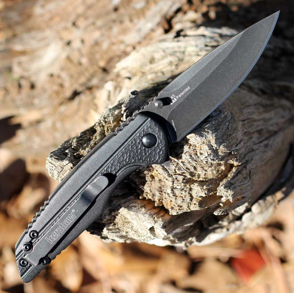Kershaw Pushrod A/O (1345) 3" 8Cr13MoV Blackwashed Drop Point Plain Blade, Black Fiberglass Reinforced Nylon Handle