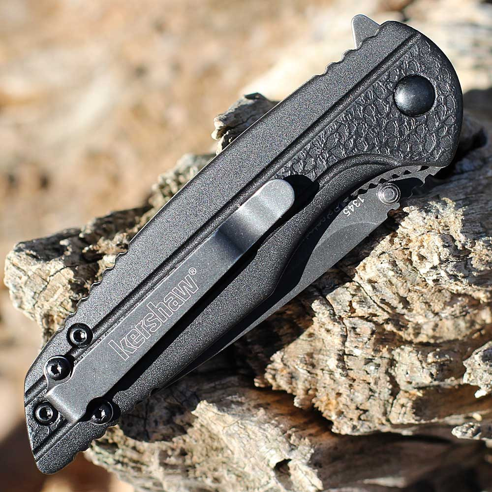 Kershaw Pushrod A/O (1345) 3" 8Cr13MoV Blackwashed Drop Point Plain Blade, Black Fiberglass Reinforced Nylon Handle